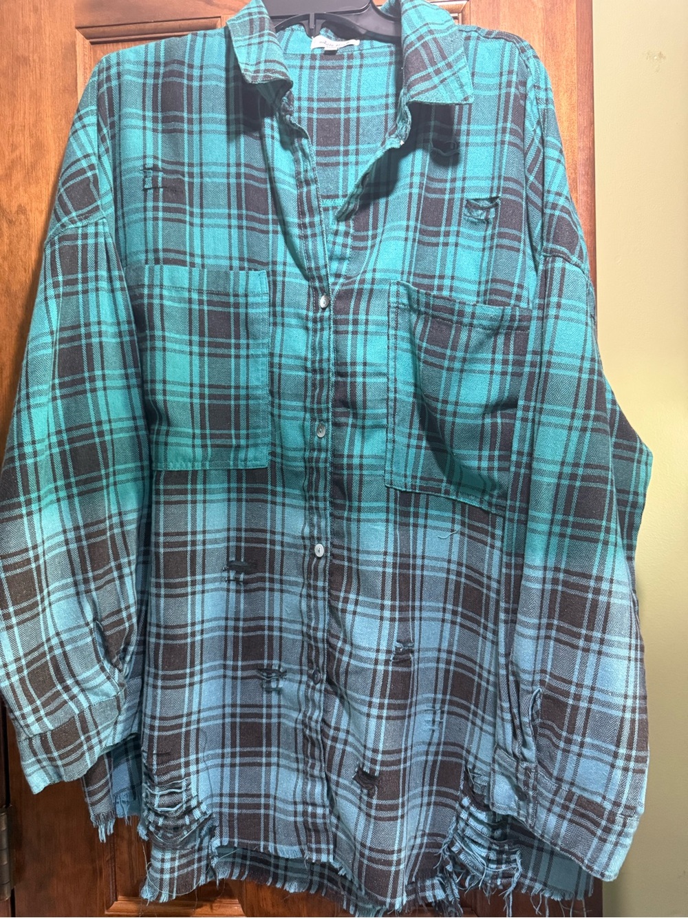 Distressed Plaid Button-Up women’s shirt in Teal and Black White Birch 1XL
